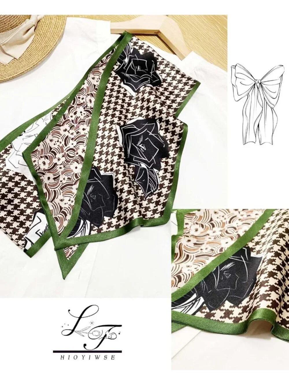 Womens Black Rose Printed Square Headscarf Bandanas Hair Scarf Neck Scarves